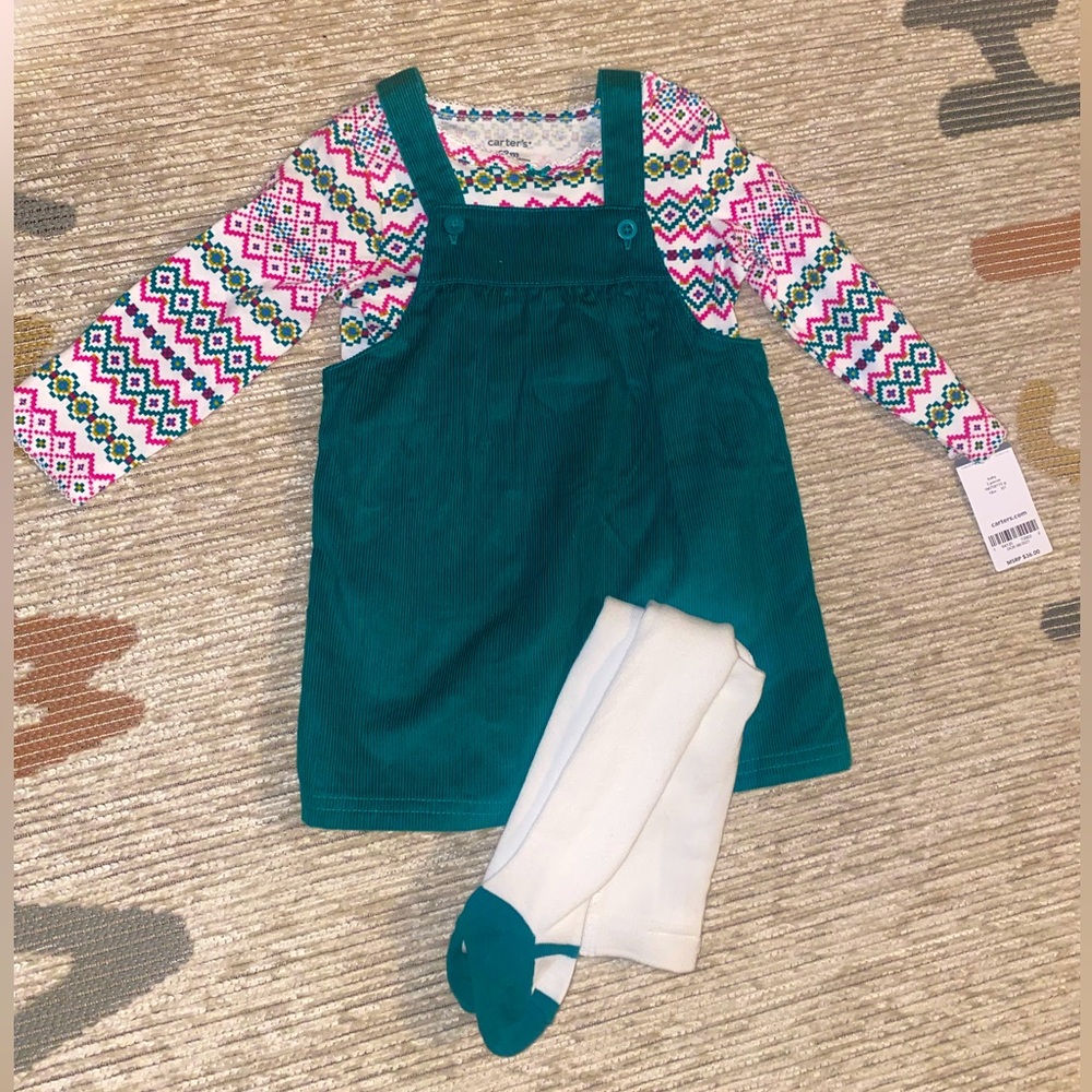 Carter’s Green Corduroy Dress with Long Sleeve Onesie and Matching Tights